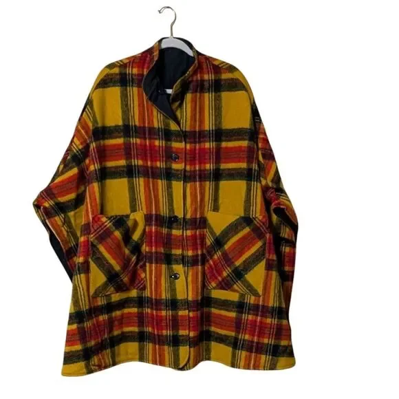 Vintage cape wool reversible plaid heritage cloak retro costume OSFM FLAW